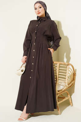 Boydan Düğmeli Bel Pensli Modal Elbise Acı Kahve - MUSTİ