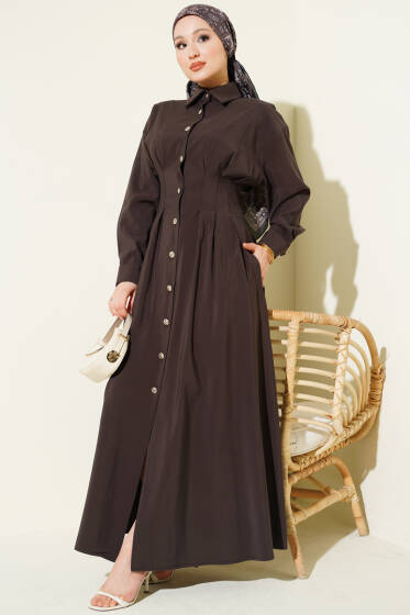 Boydan Düğmeli Bel Pensli Modal Elbise Acı Kahve - Elbise