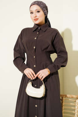 Boydan Düğmeli Bel Pensli Modal Elbise Acı Kahve - Elbise