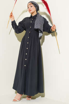 Boydan Düğmeli Bel Pensli Modal Elbise Füme - MUSTİ