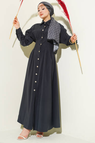 Boydan Düğmeli Bel Pensli Modal Elbise Füme - Elbise