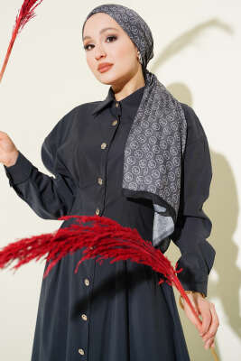 Boydan Düğmeli Bel Pensli Modal Elbise Füme - Elbise