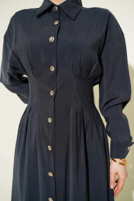 Boydan Düğmeli Bel Pensli Modal Elbise Füme - Elbise