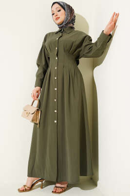 Boydan Düğmeli Bel Pensli Modal Elbise Haki - MUSTİ