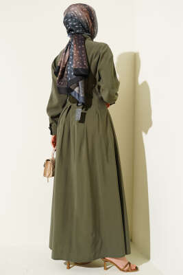 Boydan Düğmeli Bel Pensli Modal Elbise Haki - Elbise