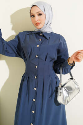 Boydan Düğmeli Bel Pensli Modal Elbise İndigo - MUSTİ