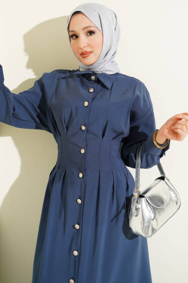 Boydan Düğmeli Bel Pensli Modal Elbise İndigo - Elbise
