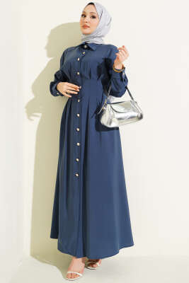 Boydan Düğmeli Bel Pensli Modal Elbise İndigo - Elbise