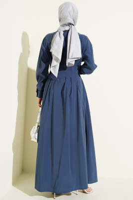 Boydan Düğmeli Bel Pensli Modal Elbise İndigo - Elbise
