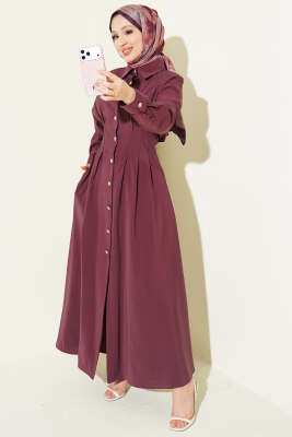 Boydan Düğmeli Bel Pensli Modal Elbise Magenta - MUSTİ