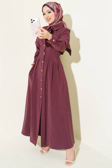 Boydan Düğmeli Bel Pensli Modal Elbise Magenta - Elbise
