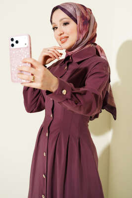 Boydan Düğmeli Bel Pensli Modal Elbise Magenta - Elbise