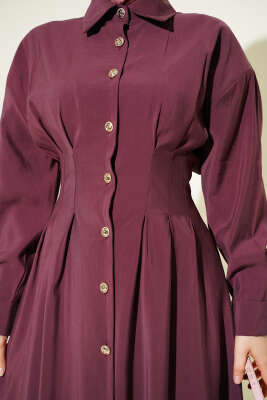 Boydan Düğmeli Bel Pensli Modal Elbise Magenta - Elbise