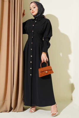 Boydan Düğmeli Bel Pensli Modal Elbise Siyah - MUSTİ