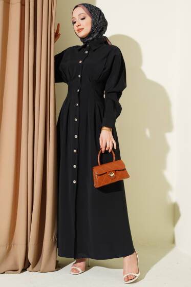Boydan Düğmeli Bel Pensli Modal Elbise Siyah - Elbise