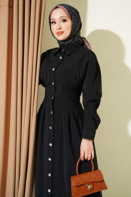 Boydan Düğmeli Bel Pensli Modal Elbise Siyah - Elbise