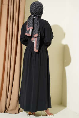 Boydan Düğmeli Bel Pensli Modal Elbise Siyah - Elbise