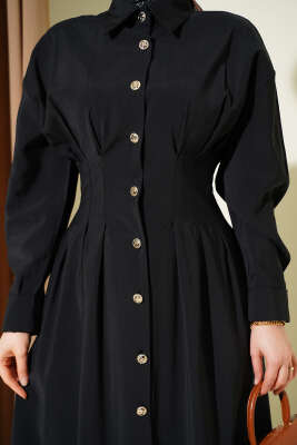 Boydan Düğmeli Bel Pensli Modal Elbise Siyah - Elbise