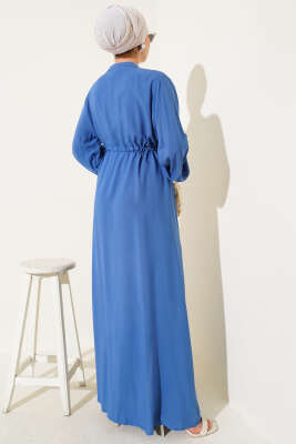 Boydan Düğmeli Bel Tünelli Basic Elbise İndigo - Tesettür Elbise