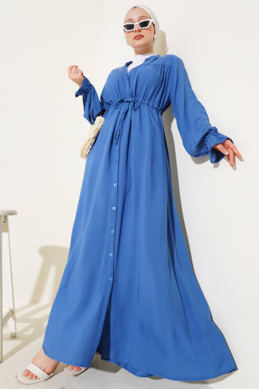 Boydan Düğmeli Bel Tünelli Basic Elbise İndigo - Tesettür Elbise