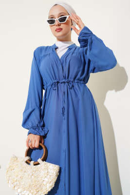 Boydan Düğmeli Bel Tünelli Basic Elbise İndigo - Tesettür Elbise