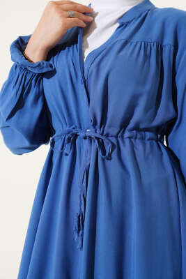 Boydan Düğmeli Bel Tünelli Basic Elbise İndigo - Tesettür Elbise