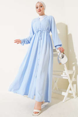 Boydan Düğmeli Bel Tünelli Basic Elbise Mavi 