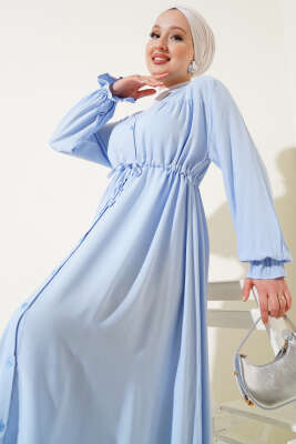 Boydan Düğmeli Bel Tünelli Basic Elbise Mavi - Tesettür Elbise