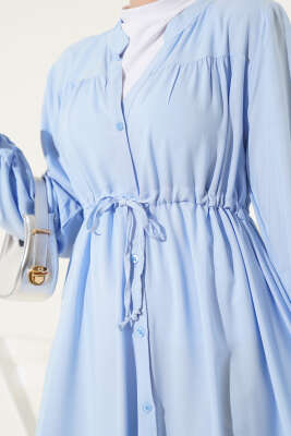 Boydan Düğmeli Bel Tünelli Basic Elbise Mavi - Tesettür Elbise