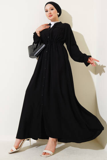 Boydan Düğmeli Bel Tünelli Basic Elbise Siyah - Elbise