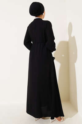 Boydan Düğmeli Bel Tünelli Basic Elbise Siyah - Tesettür Elbise