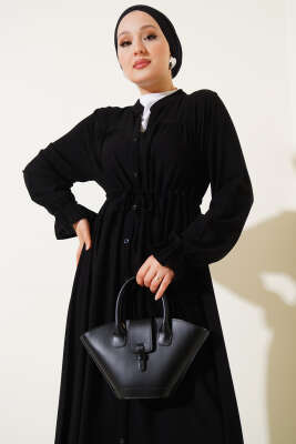 Boydan Düğmeli Bel Tünelli Basic Elbise Siyah - Tesettür Elbise