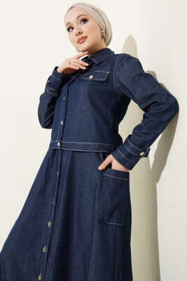 Boydan Düğmeli Ceketli Kot Jile Takım Kot Mavisi - İkili Takım