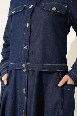 Boydan Düğmeli Ceketli Kot Jile Takım Kot Mavisi - İkili Takım