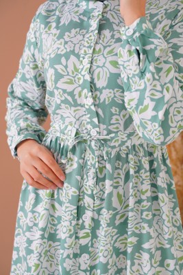 Boydan Düğmeli Çiçek Desenli Çağla Yeşili Elbise - Thumbnail