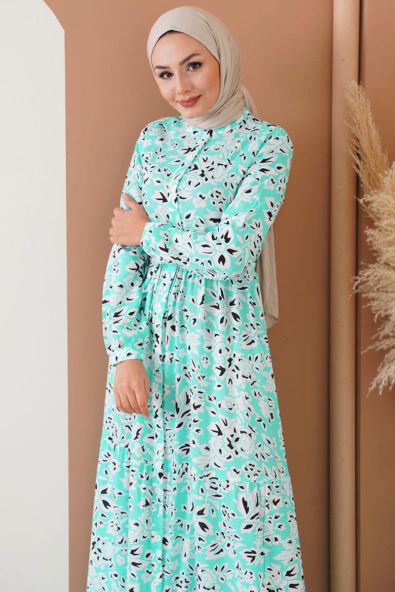 Boydan Düğmeli Çiçek Desenli Mint Elbise