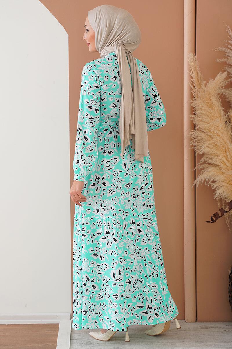 Boydan Düğmeli Çiçek Desenli Mint Elbise