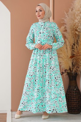 Boydan Düğmeli Çiçek Desenli Mint Elbise - Thumbnail