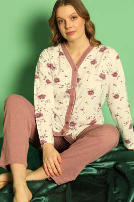 Boydan Düğmeli Çiçekli Uzun Kol Pijama Takım Gül Kurusu - Kadın Pijama Takımı