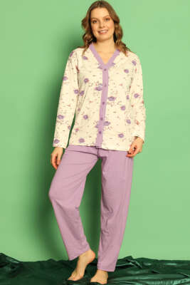 Boydan Düğmeli Çiçekli Uzun Kol Pijama Takım Lila 