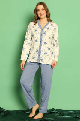 Boydan Düğmeli Çiçekli Uzun Kol Pijama Takım Mavi 