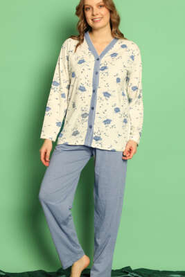 Boydan Düğmeli Çiçekli Uzun Kol Pijama Takım Mavi - Kadın Pijama Takımı