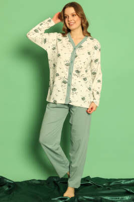 Boydan Düğmeli Çiçekli Uzun Kol Pijama Takım Mint - GLİSA