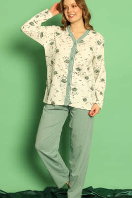 Boydan Düğmeli Çiçekli Uzun Kol Pijama Takım Mint - Kadın Pijama Takımı