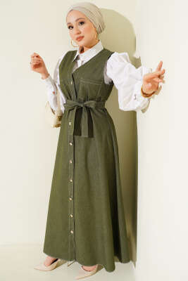 Boydan Düğmeli Çift Cepli Kot Jile Haki - MUSTİ