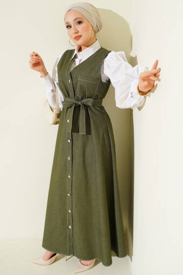 Boydan Düğmeli Çift Cepli Kot Jile Haki - Elbise