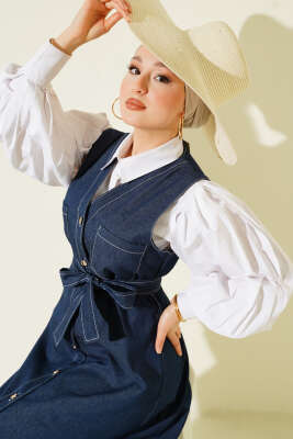 Boydan Düğmeli Çift Cepli Kot Jile Koyu Mavi - MUSTİ