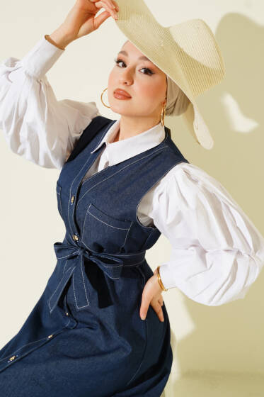 Boydan Düğmeli Çift Cepli Kot Jile Koyu Mavi - Elbise