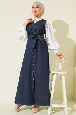 Boydan Düğmeli Çift Cepli Kot Jile Koyu Mavi - Elbise