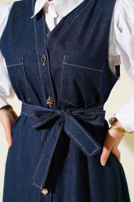 Boydan Düğmeli Çift Cepli Kot Jile Koyu Mavi - Elbise